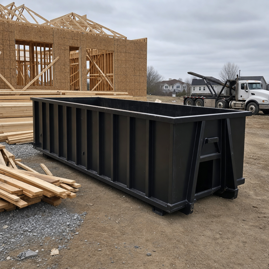 Matte-black 40-yard roll-off dumpster staged on a framed-out residential construction site in Anchorage, framing lumber stacked nearby, hooklift delivery truck visible in the background under bright Colorado daylight