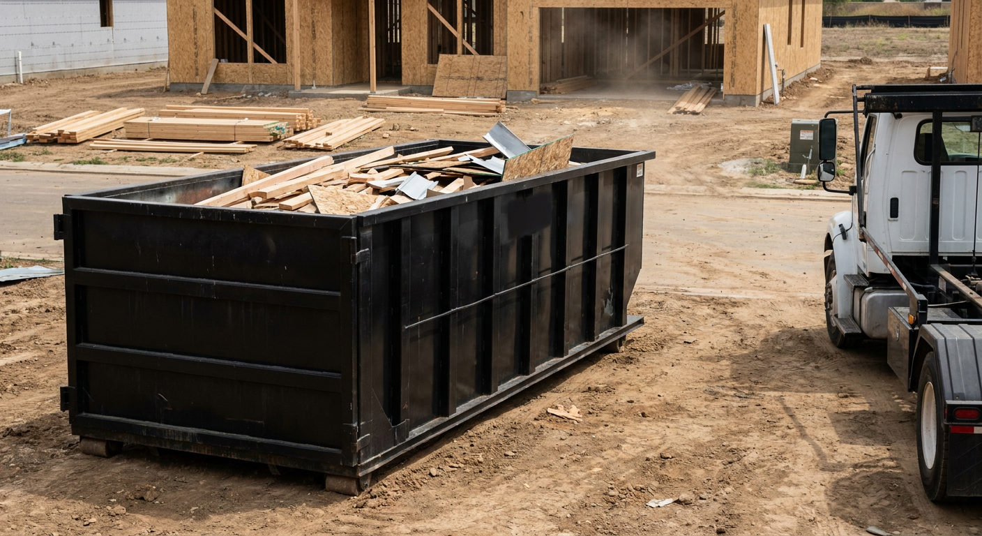 Matte-black 20-yard roll-off construction dumpster with heavy ribbed steel sidewalls and swing rear doors at a working jobsite in Anchorage, sitting directly on compacted dirt with an unmarked white hauler partially visible at the far edge of the frame.