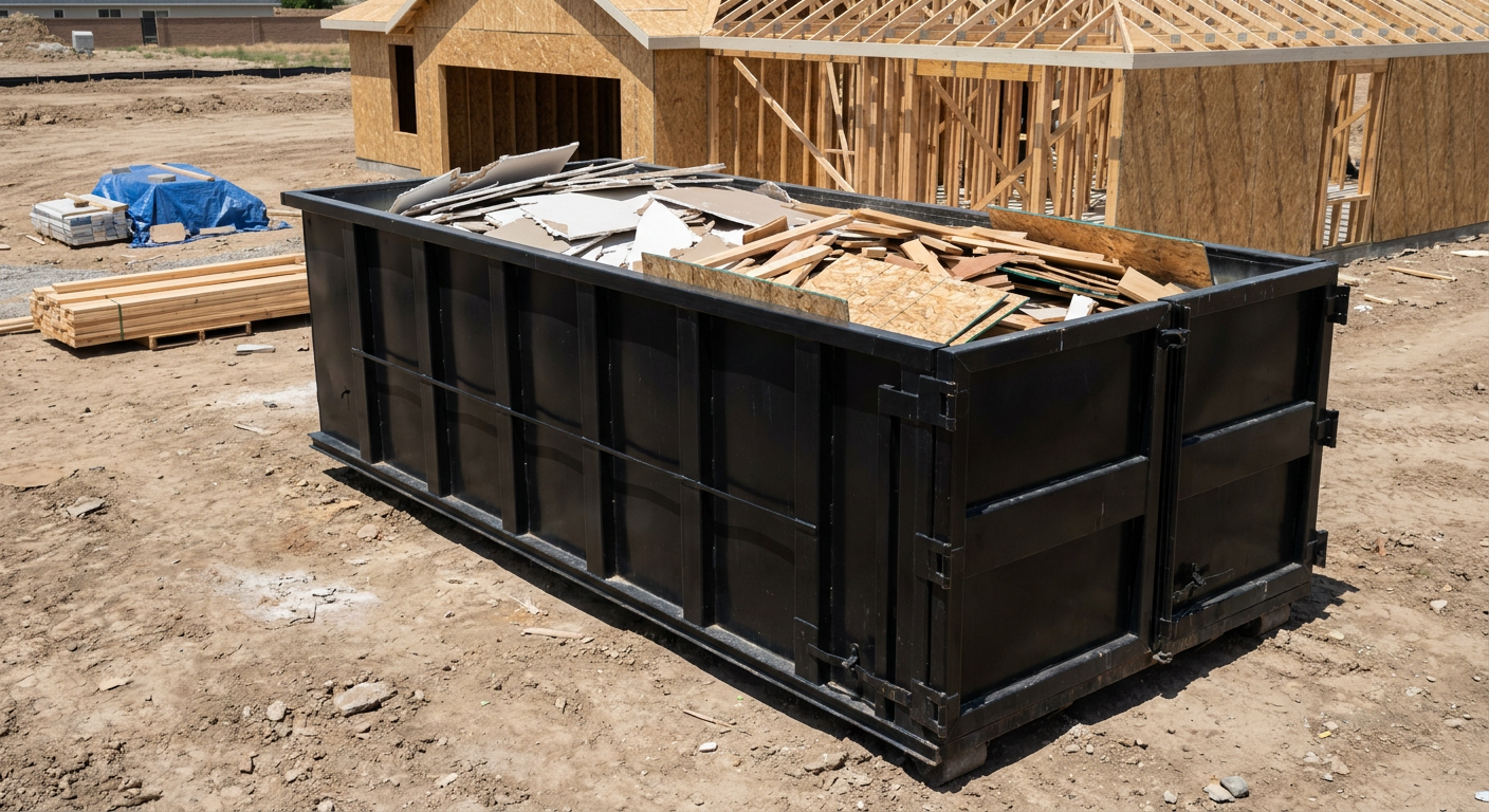 Matte-black 30-yard roll-off construction dumpster sitting directly on the compacted-dirt site of a framed single-family home build in Anchorage, drywall and lumber scrap loaded inside.