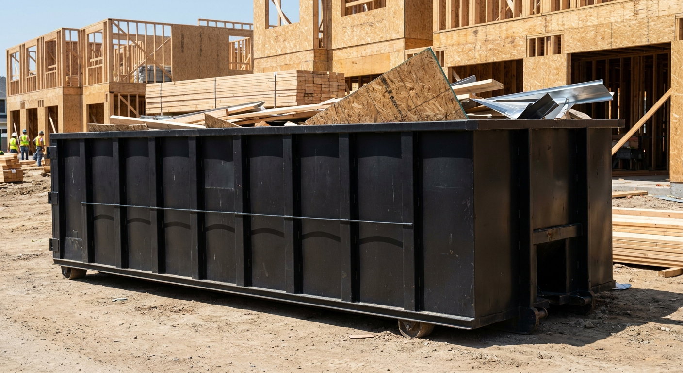 Matte-black 40-yard roll-off construction dumpster being lowered from a white-cab hooklift delivery truck onto the compacted-dirt jobsite at a commercial build site in Anchorage
