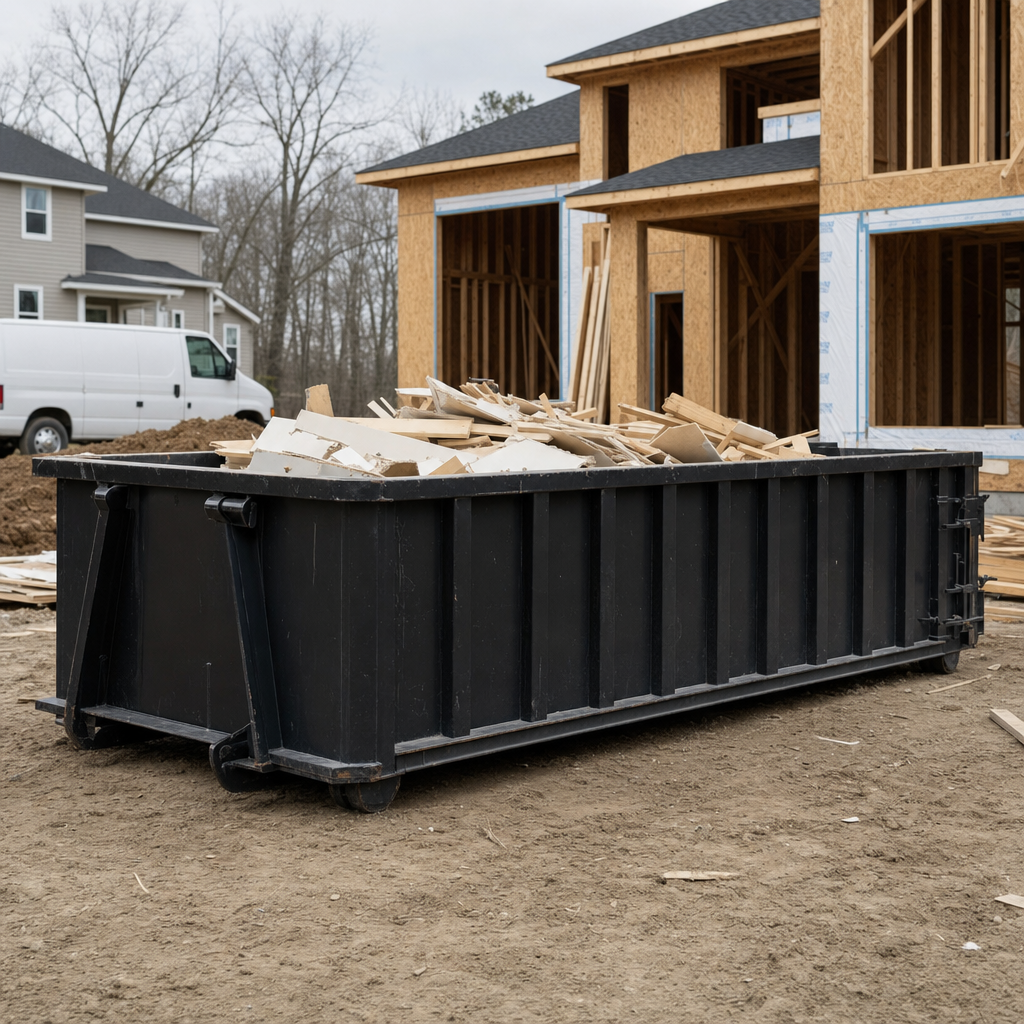 Worker in a yellow high-visibility vest tossing framing lumber and broken drywall into a matte-black 30-yard construction roll-off dumpster on an active build site in Anchorage, bright daylight