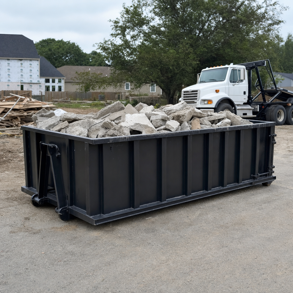 Low-profile matte-black lowboy roll-off dumpster loaded with broken concrete slab and rebar at a foundation tear-out in Anchorage, skid steer parked beside it, sunny Colorado morning