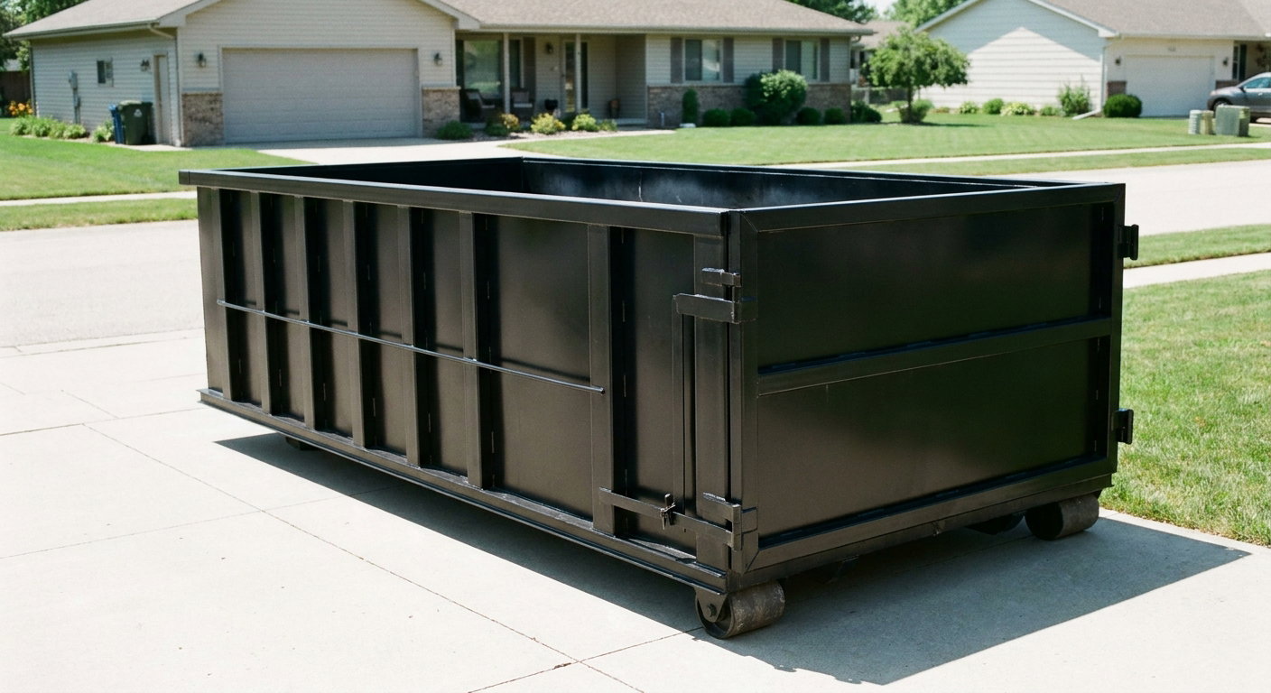 Matte-black 10-yard roll-off dumpster on a residential concrete driveway in Anchorage, uniformly painted matte black across every panel and rail, ribbed steel sidewalls and rear swing door visible, mid-day daylight.