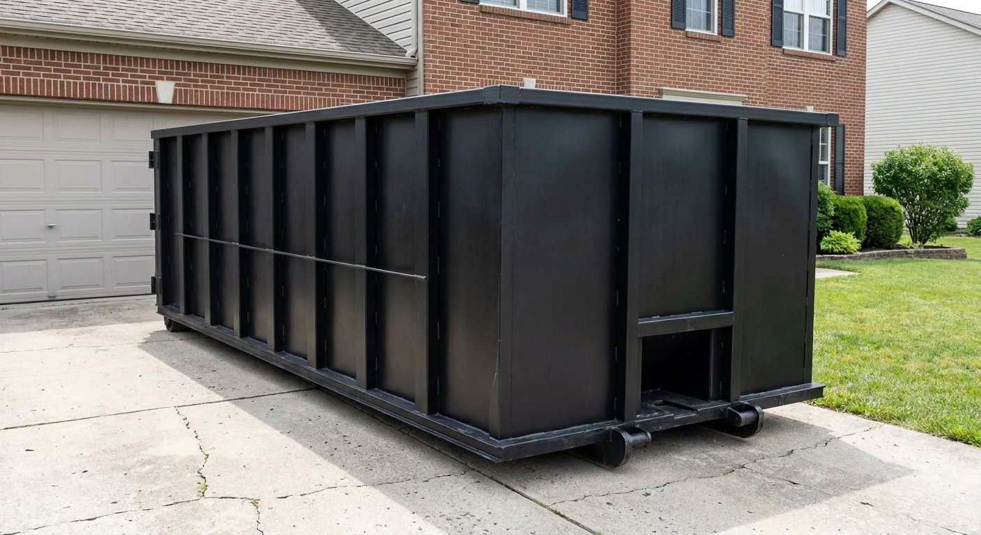 Matte-black 20-yard roll-off container on a Anchorage residential concrete driveway with reinforced ribbed steel sidewalls and a hinged rear walk-in door, clean bright daylight.