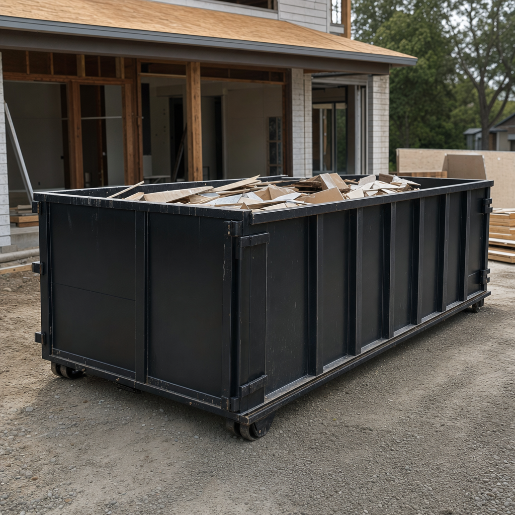 Large matte-black 30-yard construction roll-off dumpster at an active Anchorage jobsite, steel-gray top rails and bottom rollers visible, loaded with construction debris.
