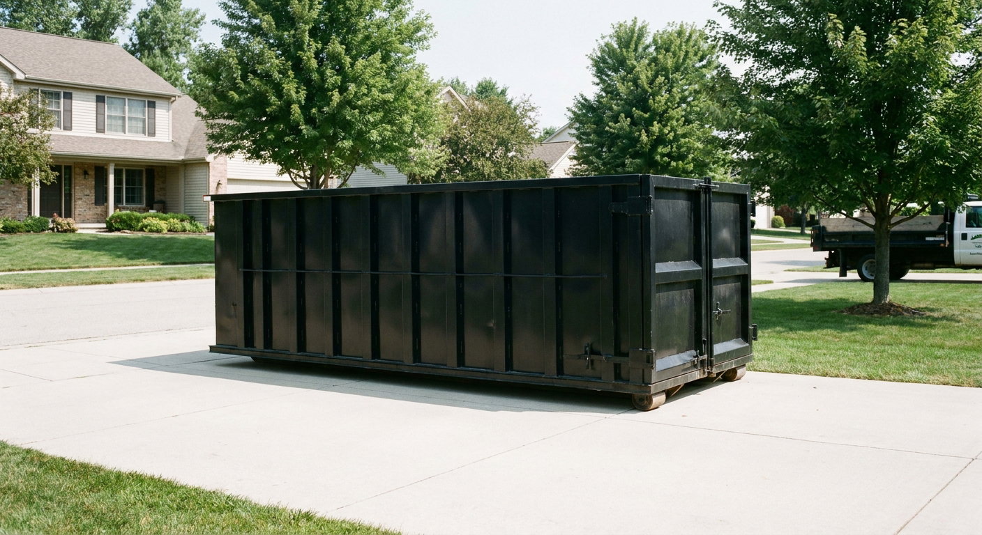 Matte-black 20-yard roll-off dumpster sitting level on a clean Anchorage residential concrete driveway under bright daylight, demonstrating clean placement directly on the concrete.