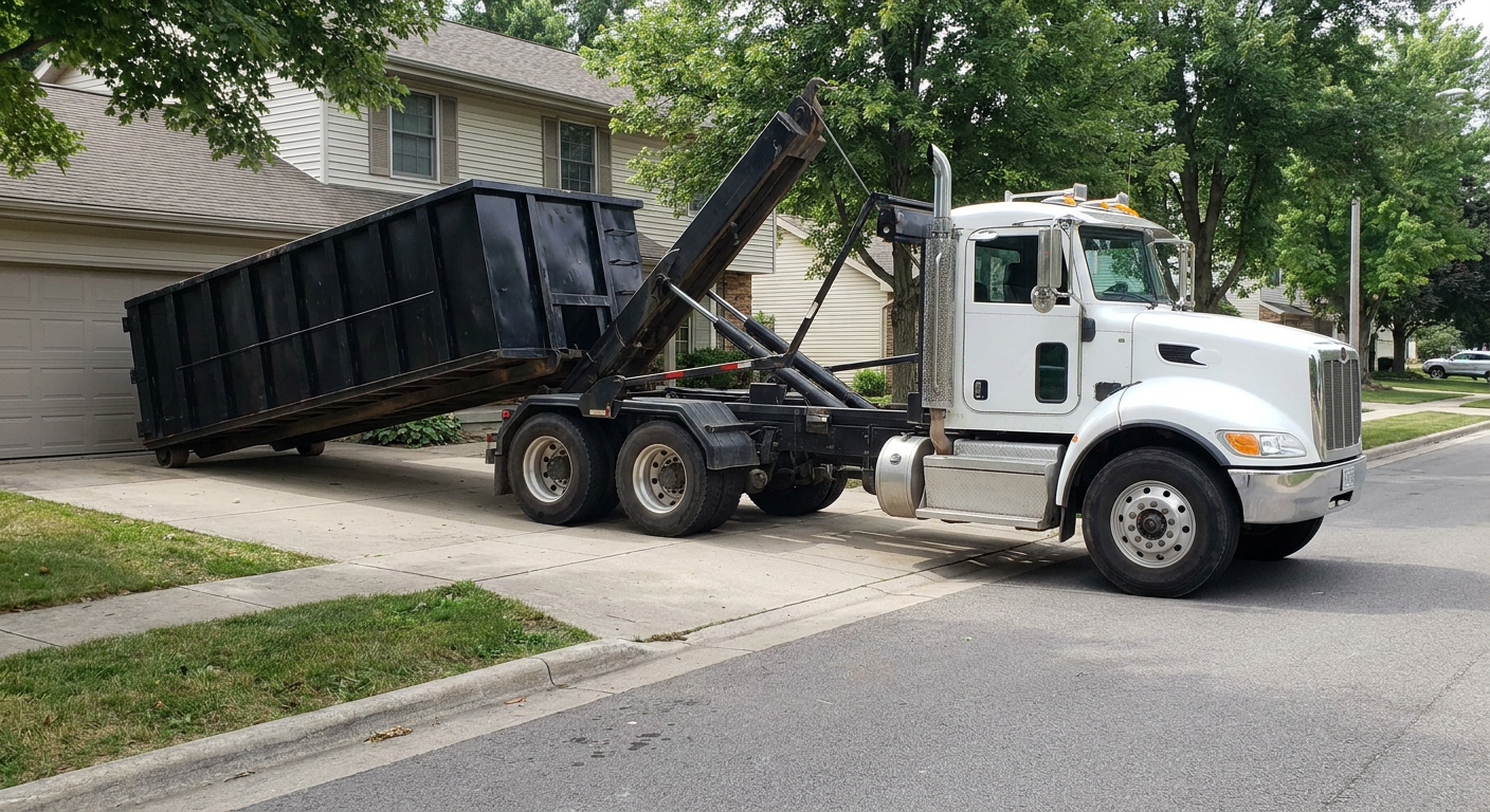 White-cab hooklift roll-off truck actively lowering a matte-black dumpster onto a Anchorage residential concrete driveway, the dumpster's rear wheels touching the driveway as the hoist arm tilts the bed forward, mid-morning daylight.