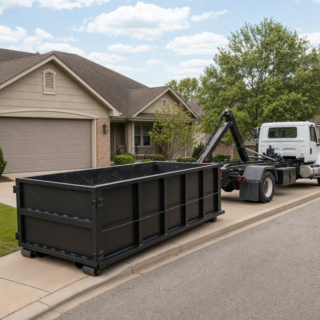Wide documentary shot of a matte-black roll-off dumpster on a Anchorage residential driveway in the foreground and a contractor jobsite container in the soft-focus background, bright daylight, calm and orderly composition.