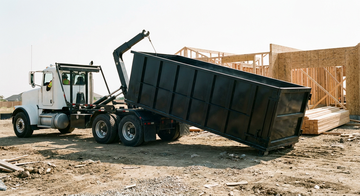 Matte-black roll-off dumpster being delivered onto a clean residential concrete driveway in Anchorage by an unmarked white hooklift hauler truck, bright morning daylight, documentary 35mm perspective.