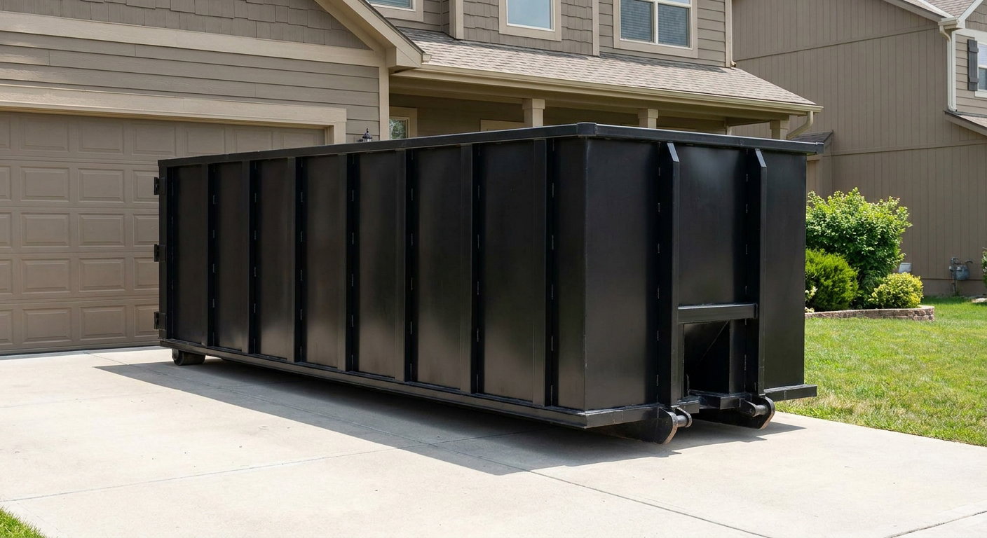 Matte-black residential roll-off dumpster sitting directly on a suburban Anchorage concrete driveway, garage door closed, single-family home in background, bright morning daylight.