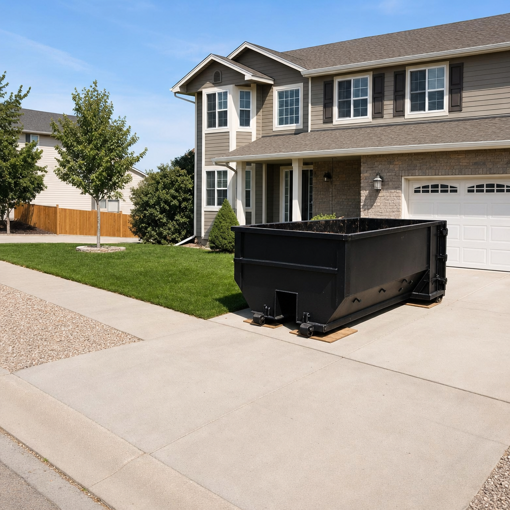 10-yard matte-black residential dumpster placed directly on a narrow Anchorage concrete driveway, room remains for a parked sedan beside it, mid-morning natural light