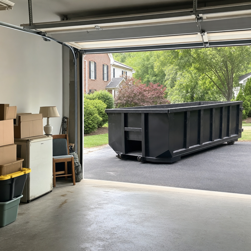 Open garage interior in a Anchorage home mid-cleanout — boxed items, an old appliance, and stacked yard tools queued near the driveway for a matte-black roll-off dumpster, organized and calm