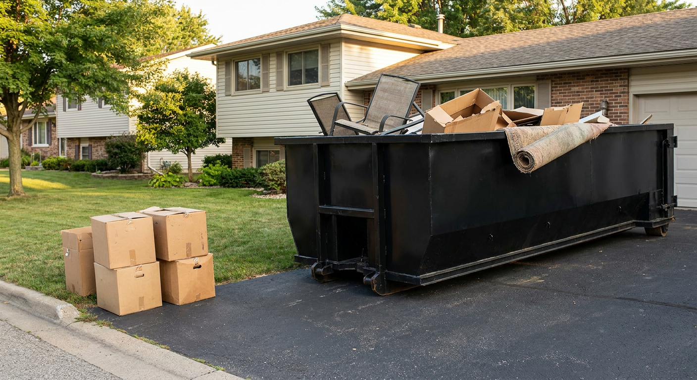 Front-yard view of a Anchorage split-level home with a 20-yard matte-black roll-off dumpster sitting directly on the asphalt driveway, a few clearly labeled donation boxes staged at the curb, calm sunny afternoon.