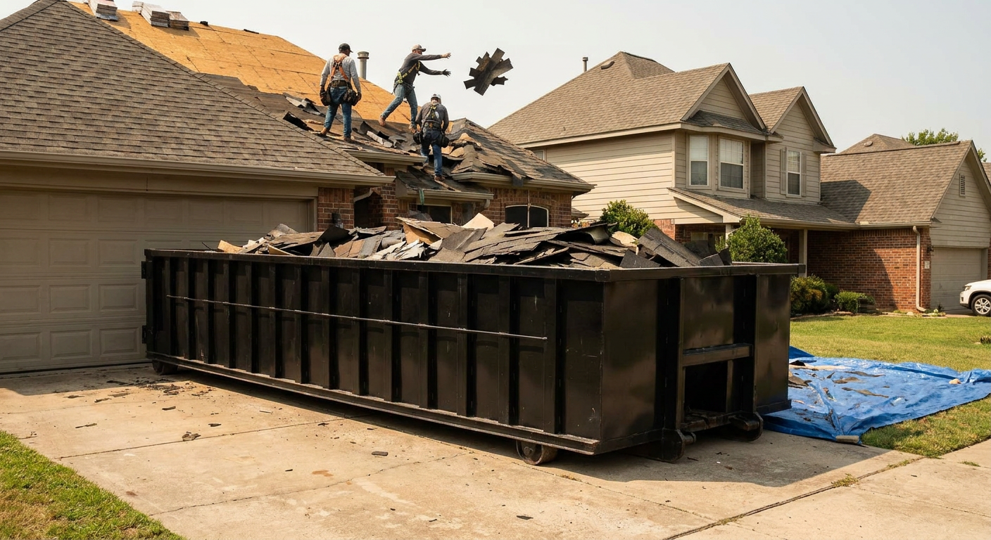 Matte-black roofing roll-off dumpster placed directly on a Anchorage residential concrete driveway, a tear-off crew on a two-story asphalt-shingle roof tossing shingle bundles into the low-walled container, bright daylight, documentary 35mm perspective.