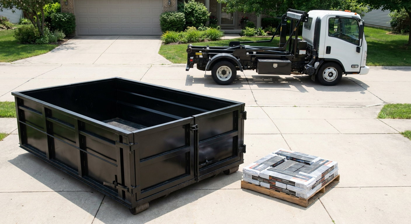 Matte-black 15-yard roofing roll-off dumpster with reinforced low side walls sitting directly on a Anchorage residential concrete driveway, three-tab asphalt shingle bundles stacked nearby, an unmarked white hauler truck partially visible at the edge of the frame.