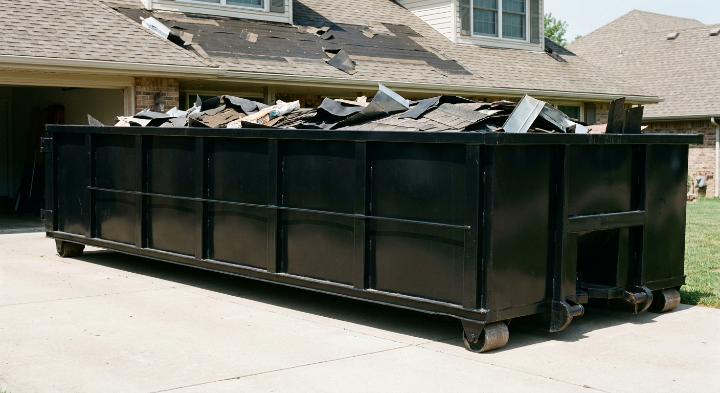 Matte-black 20-yard roofing roll-off dumpster with steel ribbed sides and swinging rear door, sitting directly on the concrete driveway of a two-story Anchorage home, asphalt shingle debris being loaded over the low wall, clean documentary lighting.