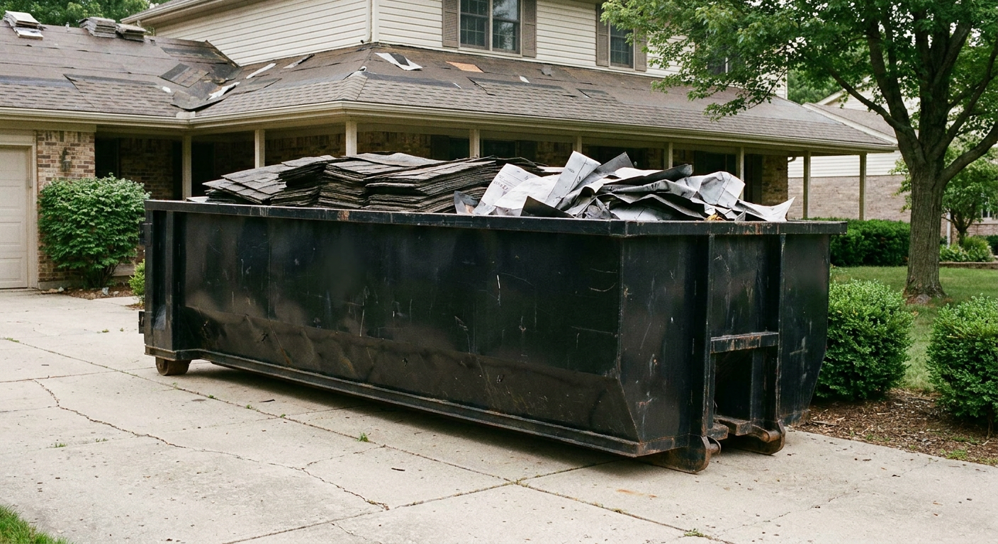 Matte-black 30-yard roofing roll-off dumpster sitting directly on a Anchorage concrete driveway, taller ribbed steel side panels, mixed tear-off debris of asphalt shingles and underlayment inside, professional documentary daylight.