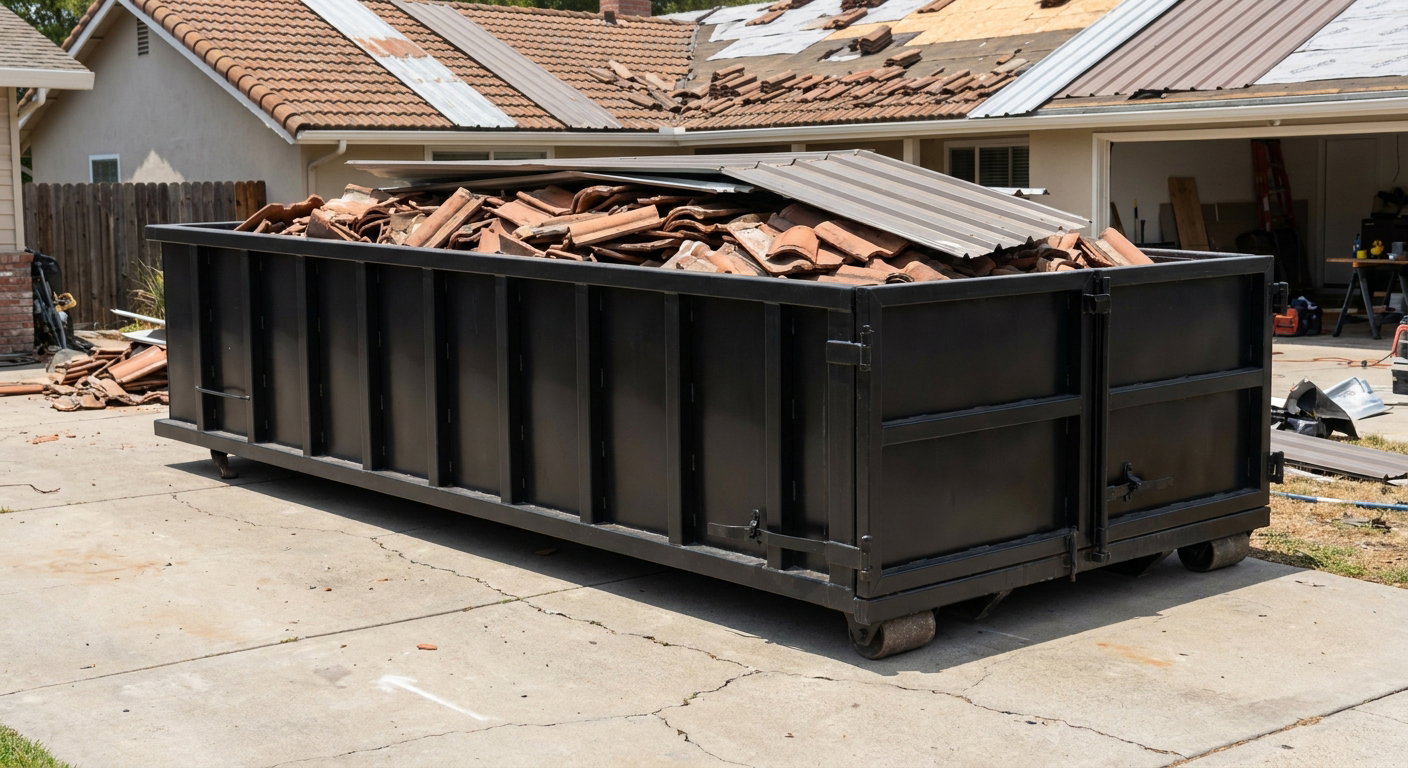 Matte-black low-wall heavy-debris roofing roll-off dumpster sitting directly on a Anchorage concrete driveway, broken concrete clay roof tiles and metal panel sections loaded inside, reinforced ribbed steel side walls visible, bright outdoor daylight.