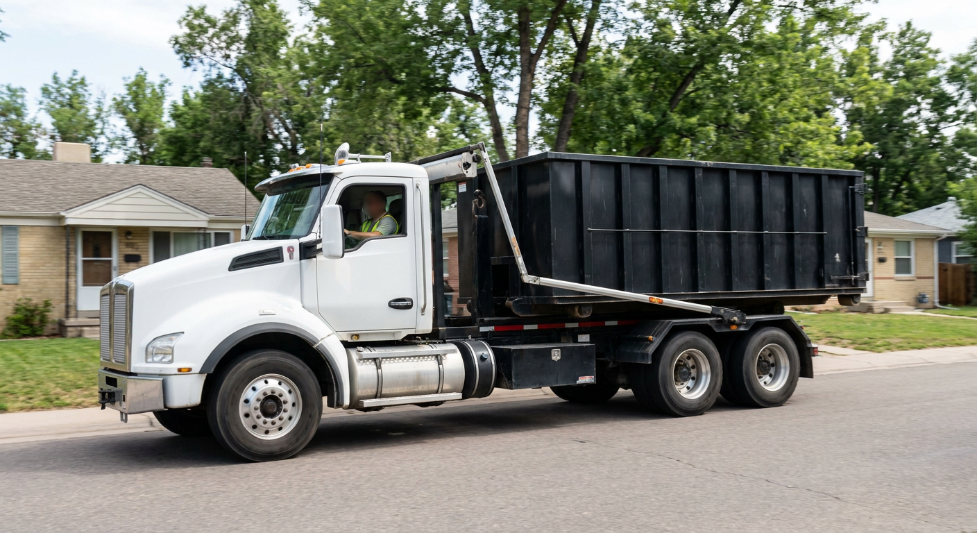 A wide documentary shot of a matte-black roll-off delivery truck pulling onto a quiet Anchorage residential street at mid-morning, with neighborhood rooftops and tree-lined blocks visible behind, showing the metro coverage footprint.