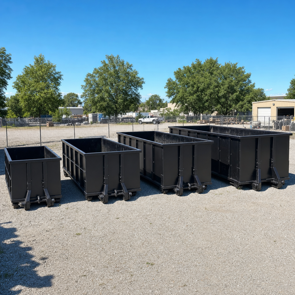 A clean lineup of matte-black roll-off dumpsters in 10, 20, 30, and 40-yard sizes staged on a sunlit gravel yard in Anchorage, showing the size progression from compact to commercial-scale containers.