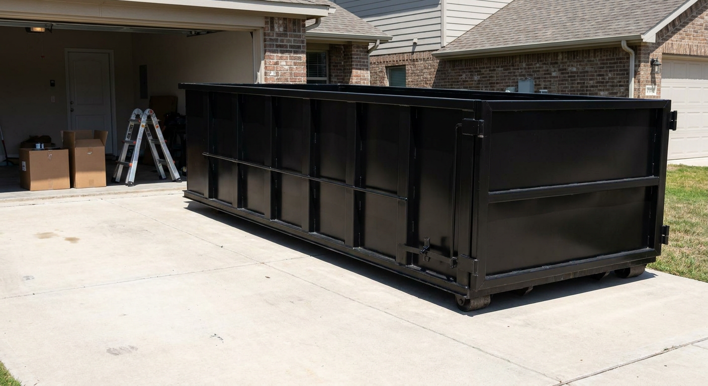 A matte-black 10-yard roll-off dumpster sitting directly on a residential Anchorage concrete driveway, mid-day sunlight, clean and ready for a garage cleanout.