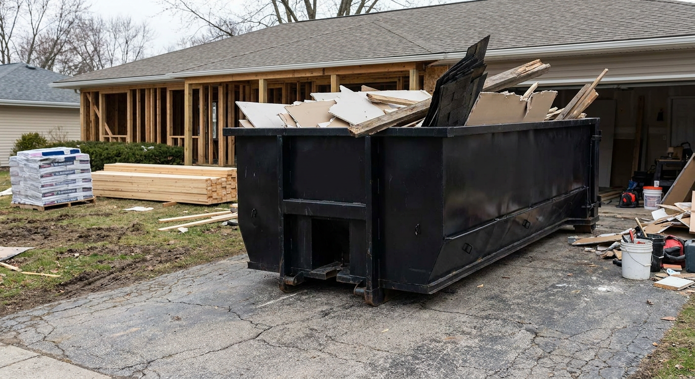 A matte-black 20-yard roll-off dumpster placed alongside a mid-renovation Anchorage home directly on the asphalt driveway, with framing materials and torn-off shingles staged neatly nearby.