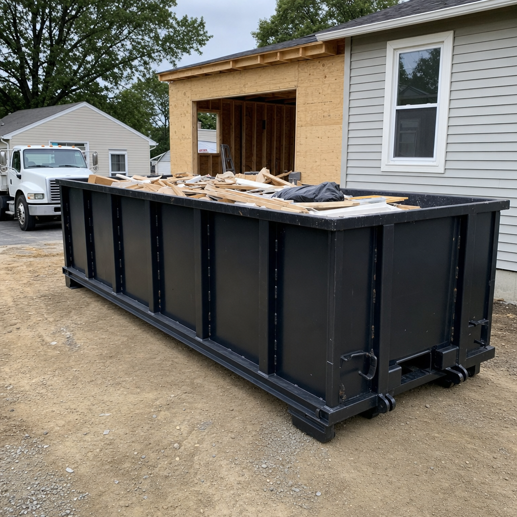 A matte-black 30-yard roll-off dumpster positioned at a Anchorage residential addition jobsite, with framing lumber and drywall scraps loaded through the open swinging rear doors.
