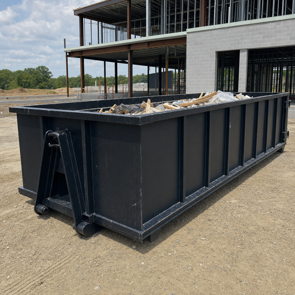 A matte-black 40-yard roll-off dumpster staged on a large Anchorage commercial construction lot, with a hooklift delivery truck parked alongside under bright midday sky.
