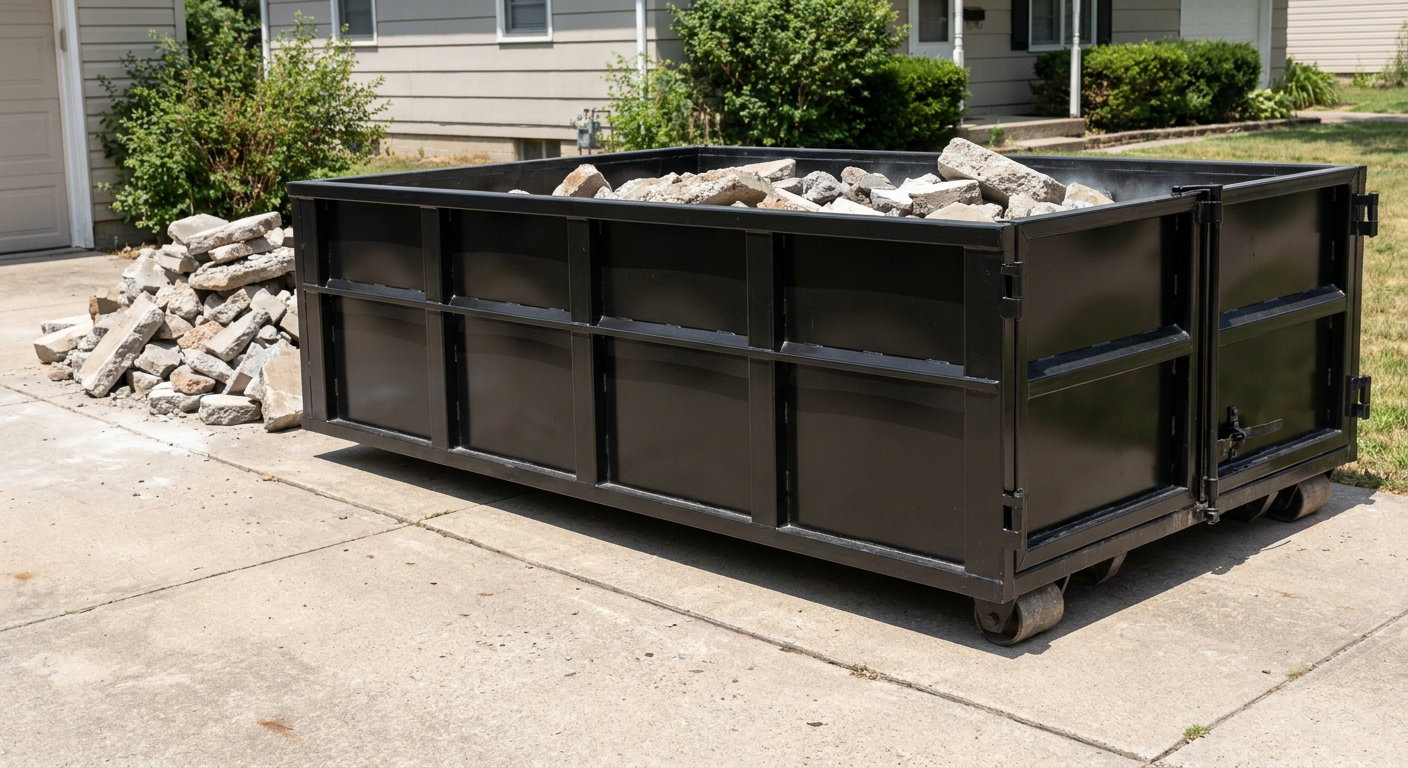 A matte-black low-side heavy-debris roll-off dumpster placed directly on a Anchorage concrete driveway, with broken concrete chunks neatly stacked beside it under clean daylight.